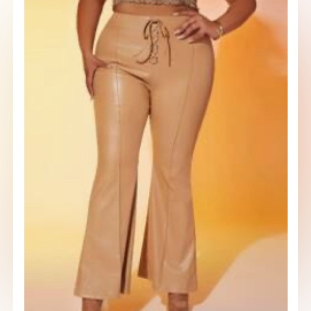 Stylish Tan Faux Leather Flared Pants